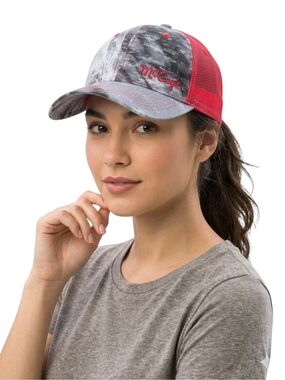 McCoy's Building Supply Pink & Gray Acid Wash Distressed Trucker Hat Neon Mesh